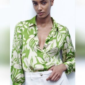 ZARA Flowy Silky Blouse, Green/Ecru | Sz LG
